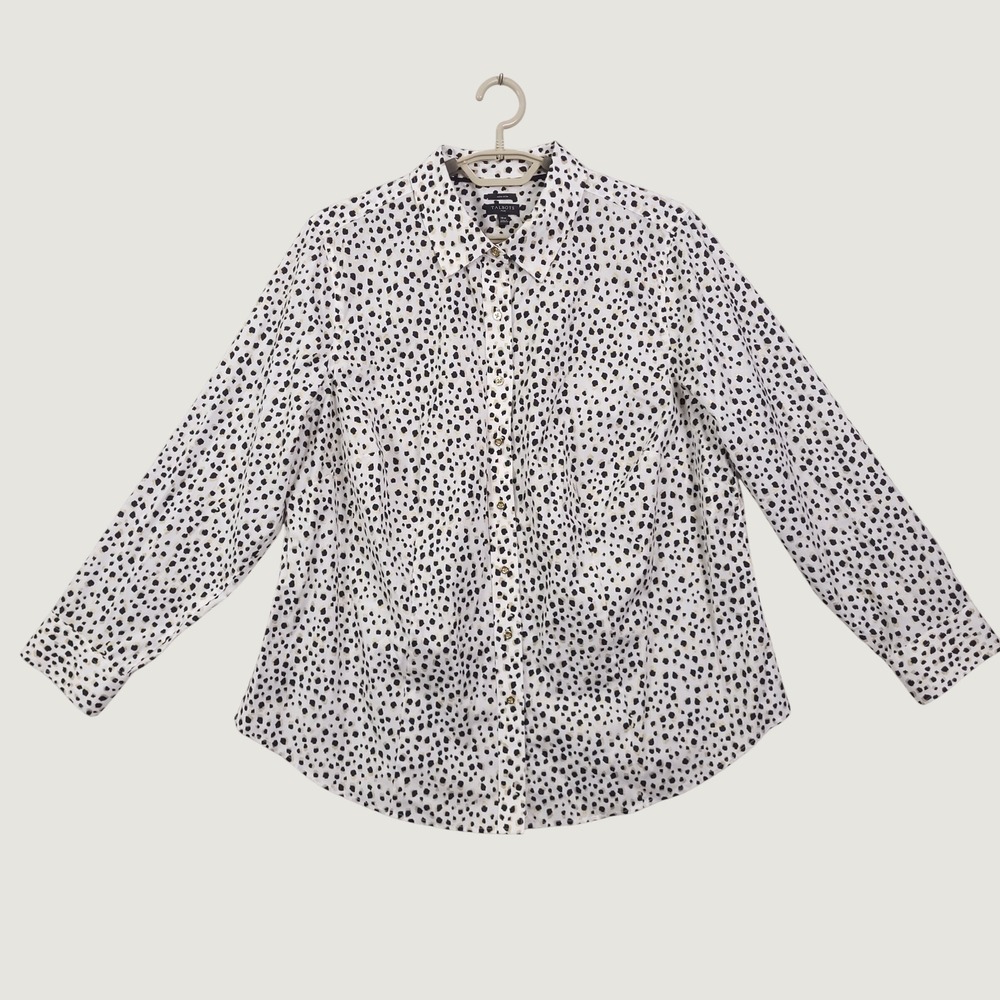 Talbots Top Shirt 18W Shimmery Animal Print Dainty Dot Preppy Office Gold Button